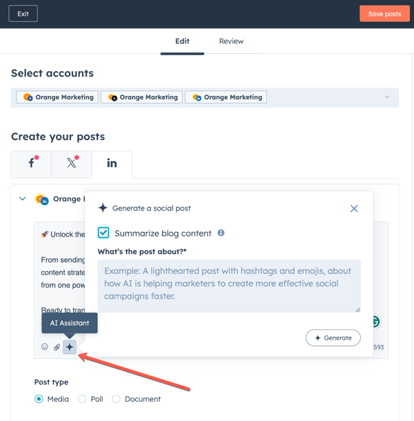 HubSpot AI Generate Social Post