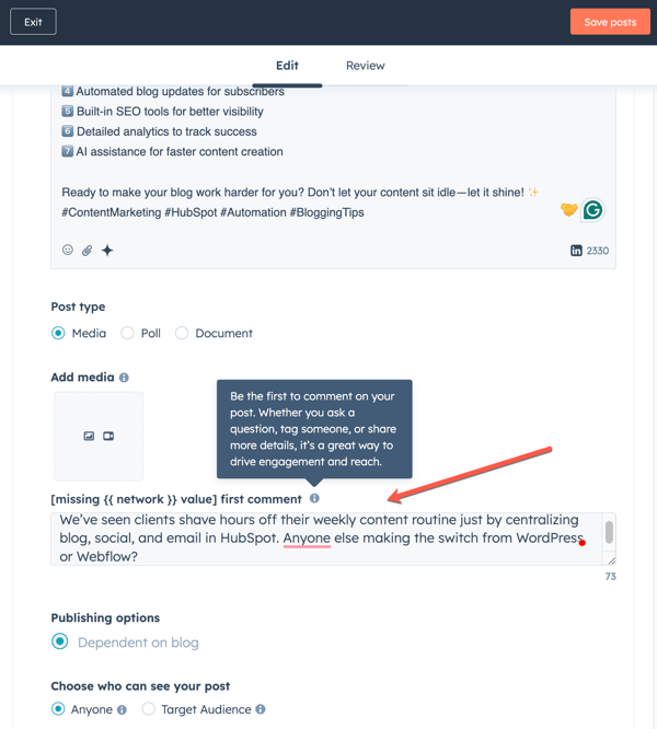 HubSpot auto social first comment_linkedin