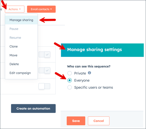 manage sharing_hubspot sequences
