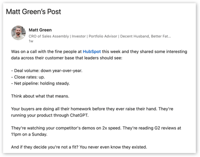 matt green post on sales and chatgpt leads