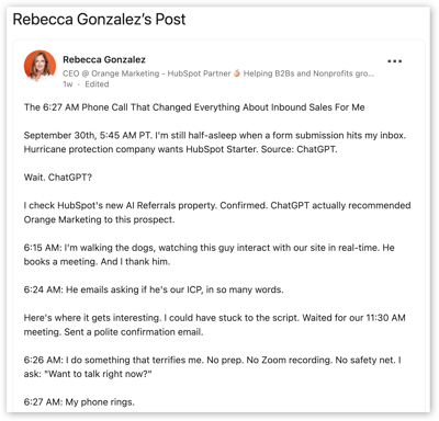 rebecca gonzalez  linkedin post re b2b sales leads from chatgpt