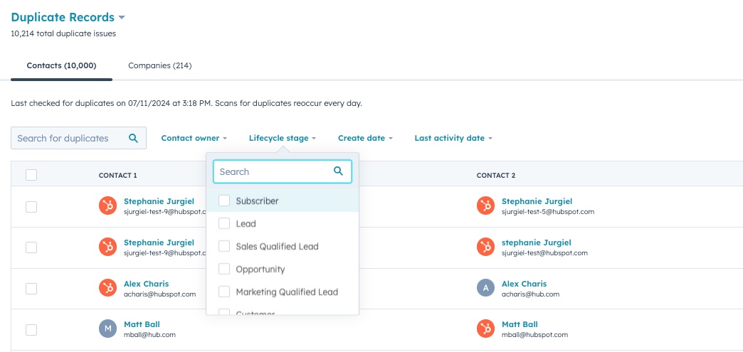 search and filter duplicate records_hubspot